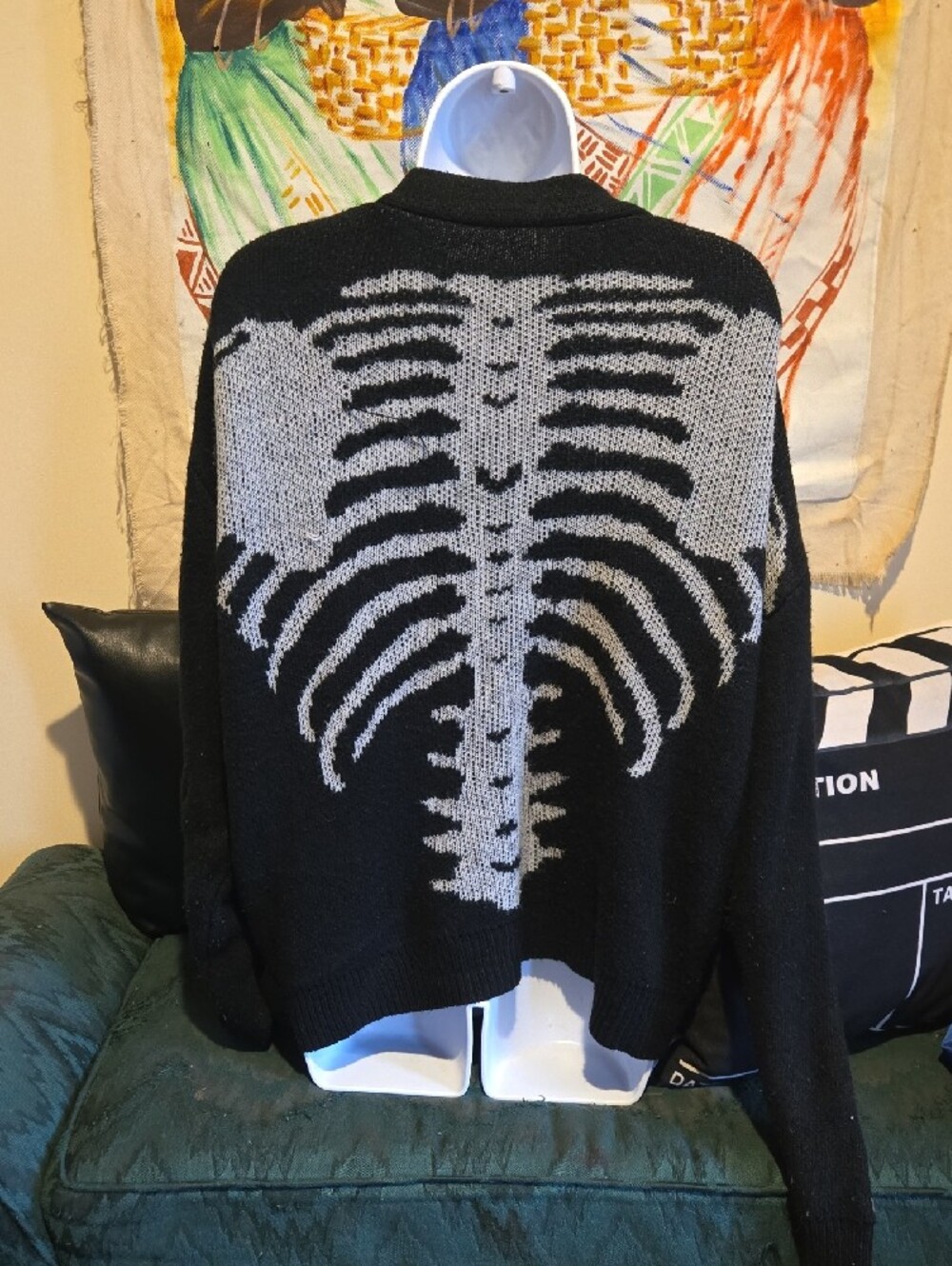 Dolls Kill Black & Gray Skeleton-Print V-Neck Button Cardigan - Picture 3 of 4